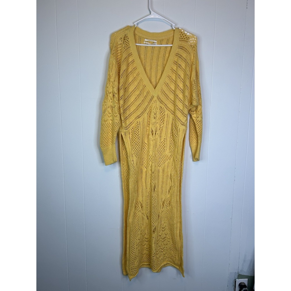 Anthropologie XS Loose Knit Long Sleeve High Slit Sweater Dress Yellow 147